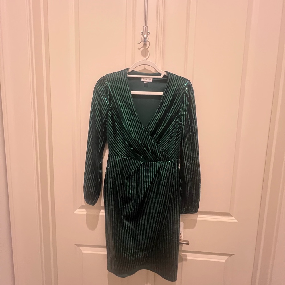 Calvin Klein Emerald Green Sequin Wrap Dress